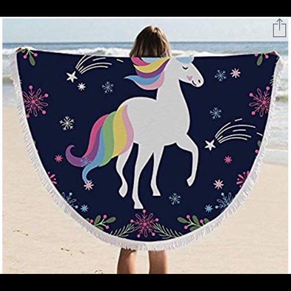 Navy Blue Cartoon  Unicorn Flowers Stars RoundBeach Towel NWOT - Picture 3 of 7